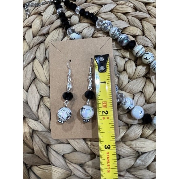 Black White Silver Metallic Chocker Necklace & Earring Set Crystal Whimsigoth - Picture 10 of 12
